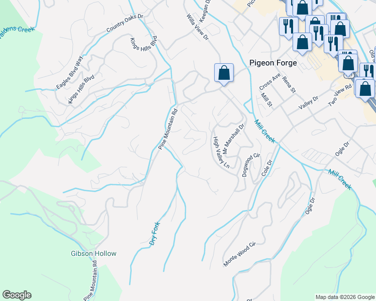 map of restaurants, bars, coffee shops, grocery stores, and more near 733 Chickasaw Gap Way in Pigeon Forge