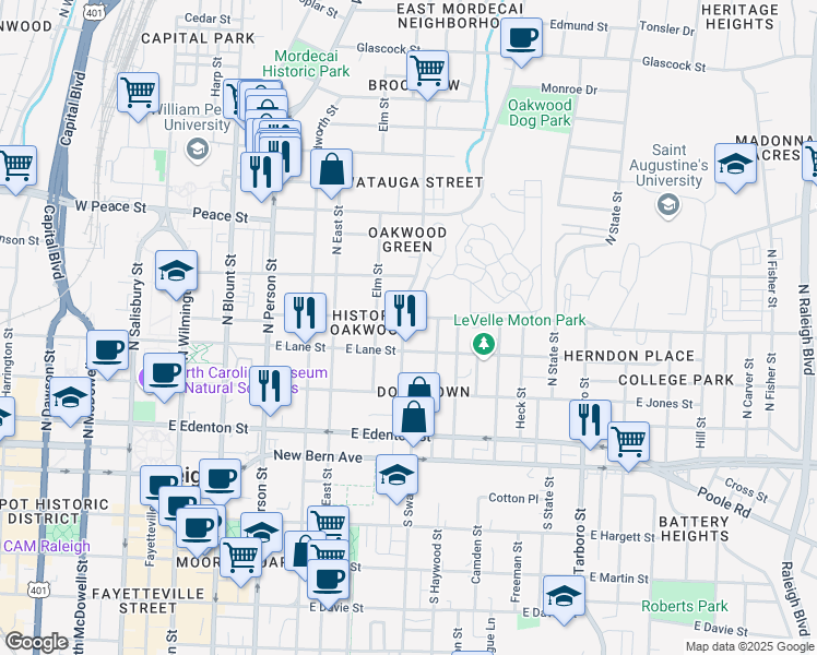 map of restaurants, bars, coffee shops, grocery stores, and more near 309 Cooke Street in Raleigh