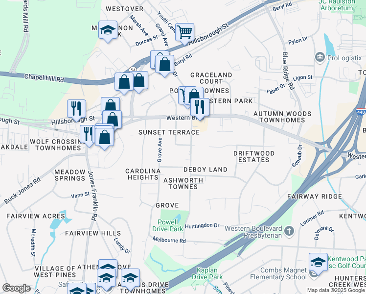 map of restaurants, bars, coffee shops, grocery stores, and more near 807 Barstow Drive in Raleigh