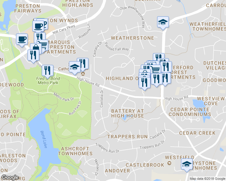 map of restaurants, bars, coffee shops, grocery stores, and more near 659 High House Road in Cary