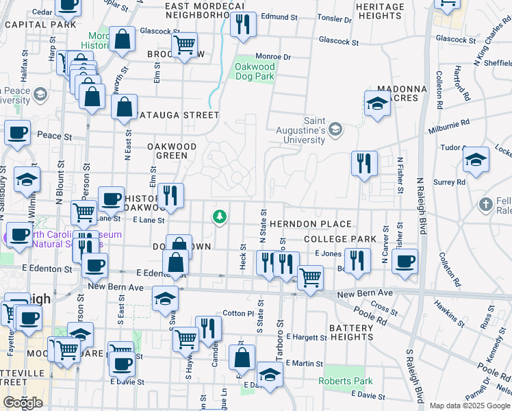 map of restaurants, bars, coffee shops, grocery stores, and more near 1112 Oakwood Avenue in Raleigh
