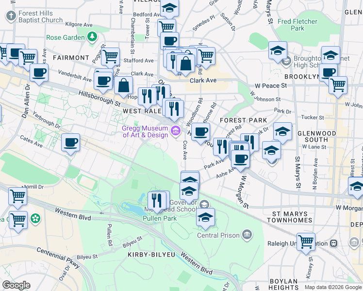 map of restaurants, bars, coffee shops, grocery stores, and more near 122 Cox Avenue in Raleigh