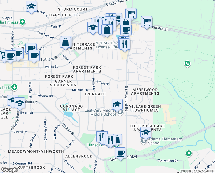 map of restaurants, bars, coffee shops, grocery stores, and more near 406 Hudson Court in Cary