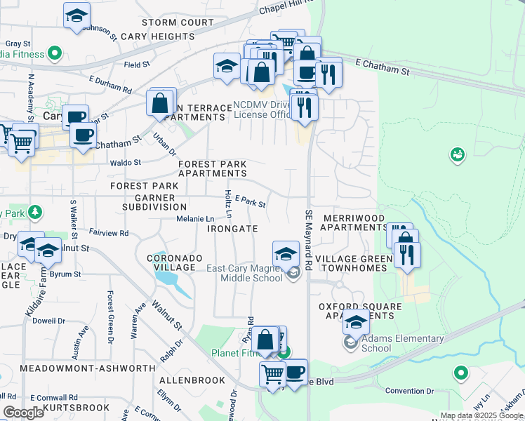 map of restaurants, bars, coffee shops, grocery stores, and more near 406 Hudson Court in Cary