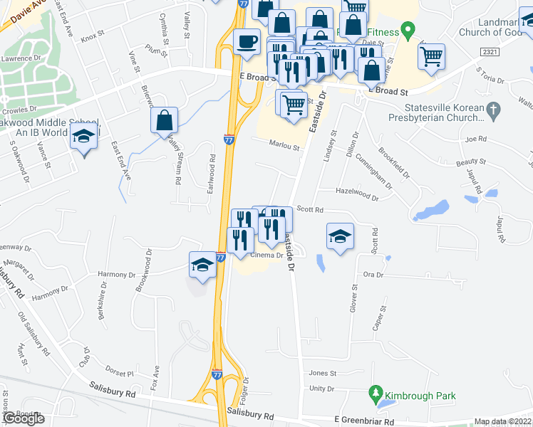 map of restaurants, bars, coffee shops, grocery stores, and more near 1582 Dogwood Lane in Statesville