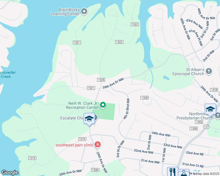 map of restaurants, bars, coffee shops, grocery stores, and more near 3665 4th Street Boulevard Northwest in Hickory