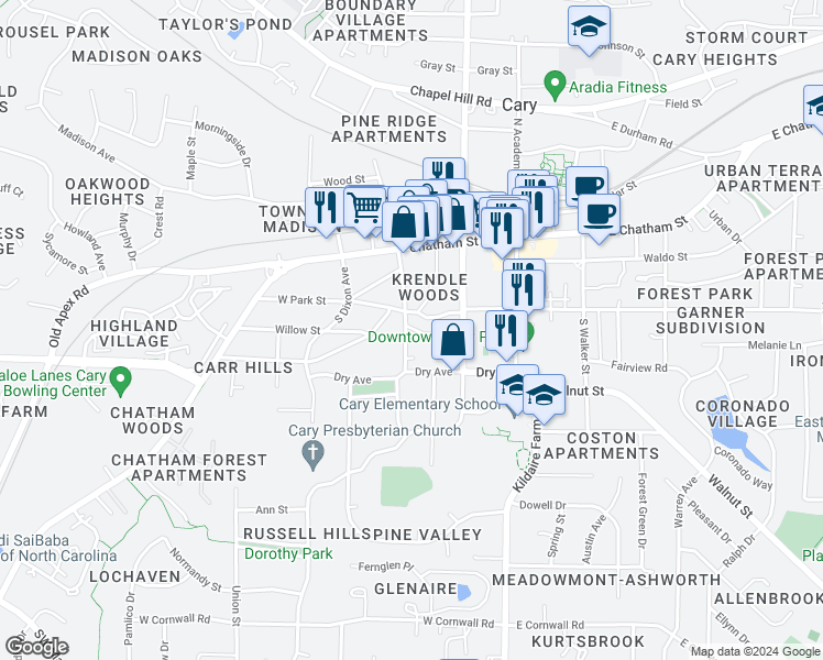 map of restaurants, bars, coffee shops, grocery stores, and more near 327 South West Street in Cary