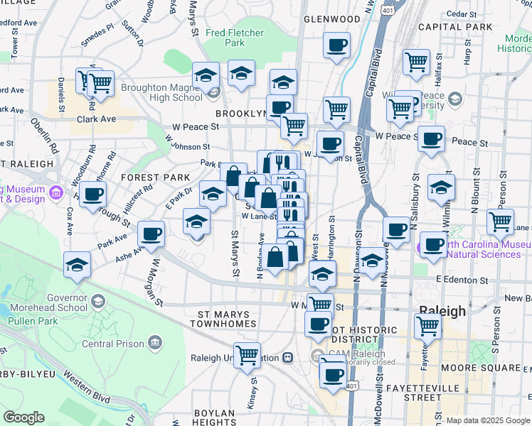 map of restaurants, bars, coffee shops, grocery stores, and more near 219 North Boylan Avenue in Raleigh