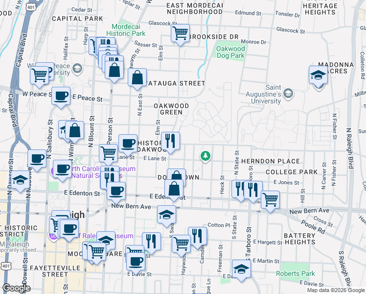 map of restaurants, bars, coffee shops, grocery stores, and more near 313 Cooke Street in Raleigh