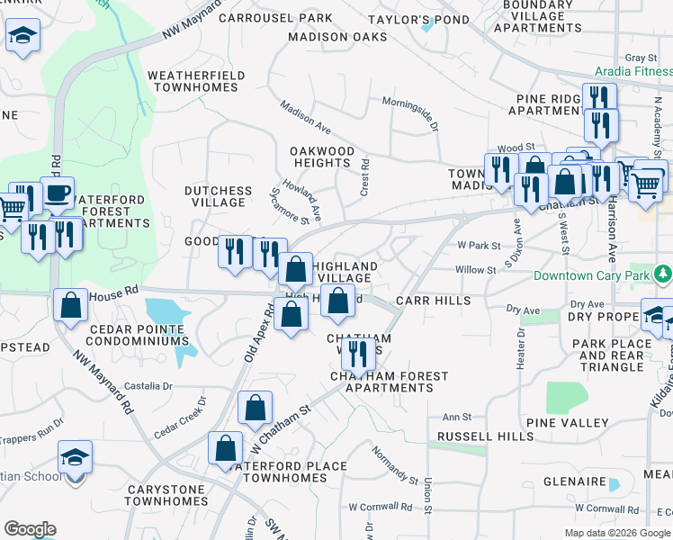 map of restaurants, bars, coffee shops, grocery stores, and more near 900 Highland Village Drive in Cary