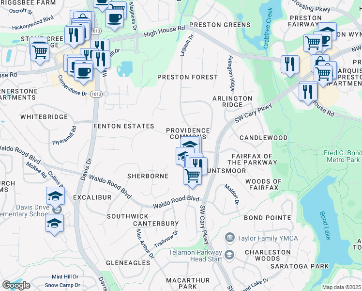map of restaurants, bars, coffee shops, grocery stores, and more near 212 Cedarpost Drive in Cary