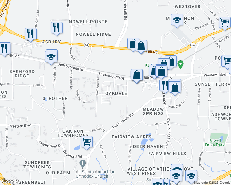 map of restaurants, bars, coffee shops, grocery stores, and more near 31 Oakdale Drive in Raleigh
