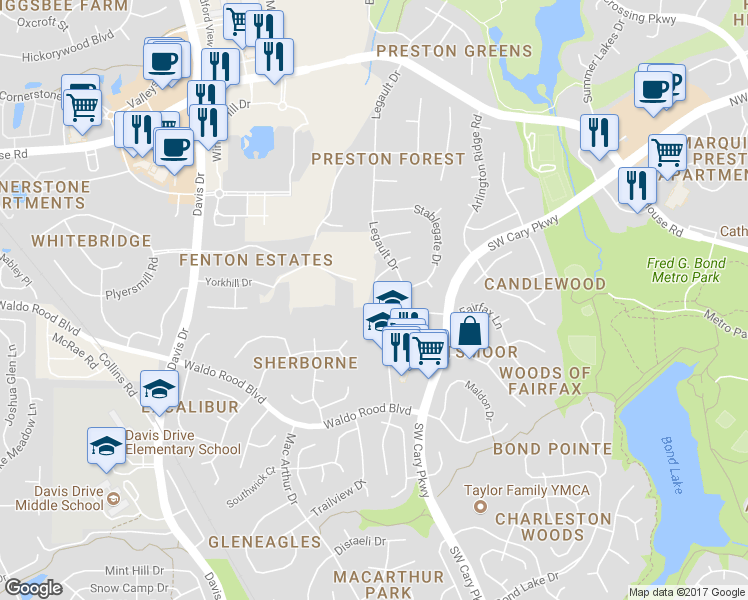 map of restaurants, bars, coffee shops, grocery stores, and more near 212 Cedarpost Drive in Cary