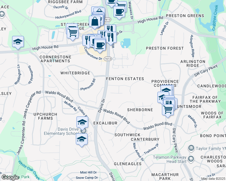 map of restaurants, bars, coffee shops, grocery stores, and more near 104 Summerglow Court in Cary