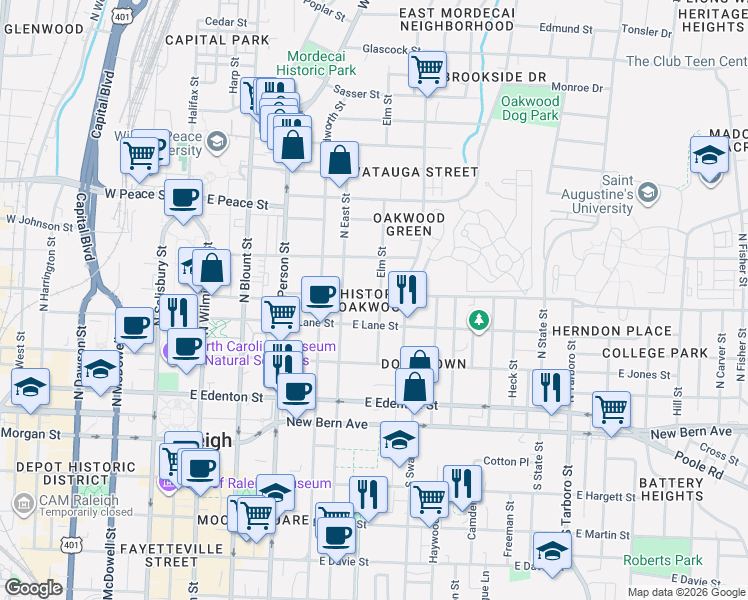 map of restaurants, bars, coffee shops, grocery stores, and more near in Raleigh