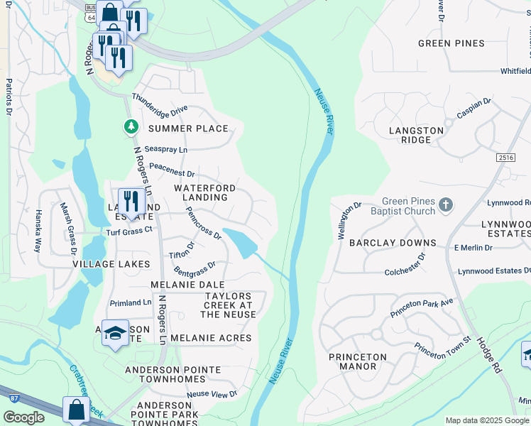 map of restaurants, bars, coffee shops, grocery stores, and more near 5823 Waterford Landing Court in Raleigh
