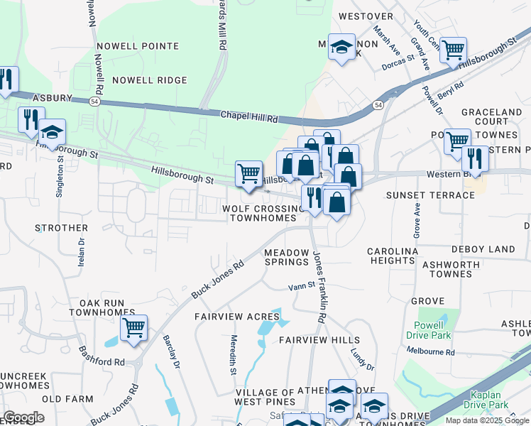 map of restaurants, bars, coffee shops, grocery stores, and more near 50 Asbury Drive in Raleigh