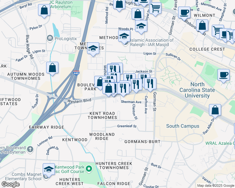 map of restaurants, bars, coffee shops, grocery stores, and more near 3919 Western Boulevard in Raleigh