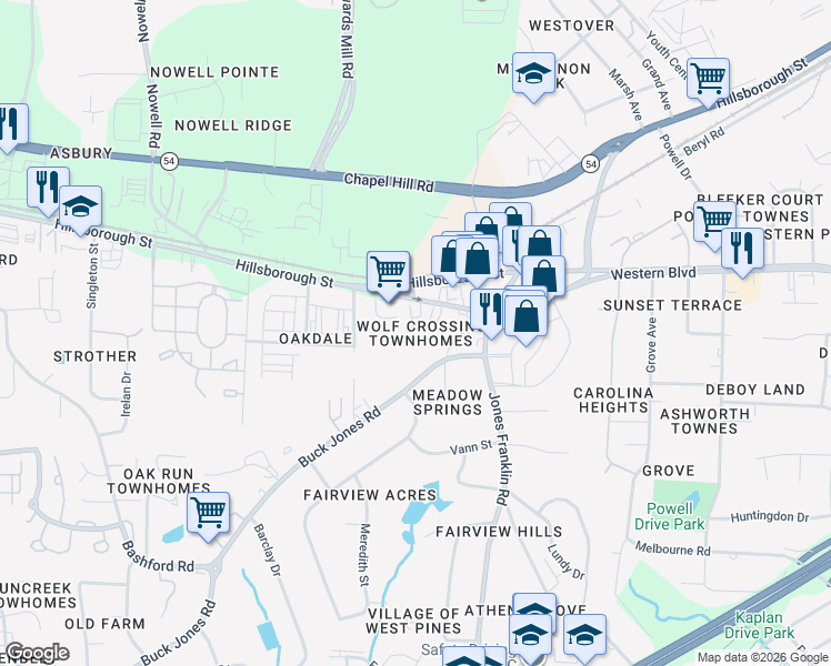 map of restaurants, bars, coffee shops, grocery stores, and more near 50 Asbury Drive in Raleigh