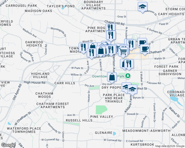 map of restaurants, bars, coffee shops, grocery stores, and more near 331 Ridgecrest Road in Cary