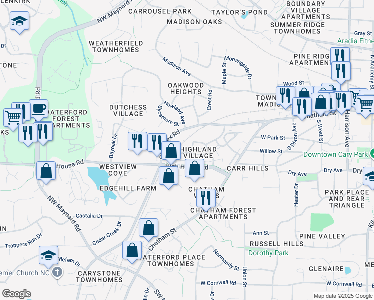 map of restaurants, bars, coffee shops, grocery stores, and more near 900 Highland Village Drive in Cary