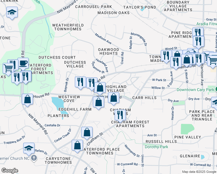 map of restaurants, bars, coffee shops, grocery stores, and more near 900 Highland Village Drive in Cary
