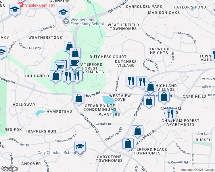 map of restaurants, bars, coffee shops, grocery stores, and more near in Cary