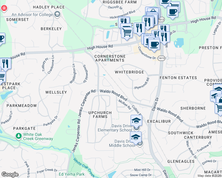 map of restaurants, bars, coffee shops, grocery stores, and more near 115 Hilda Grace Lane in Cary