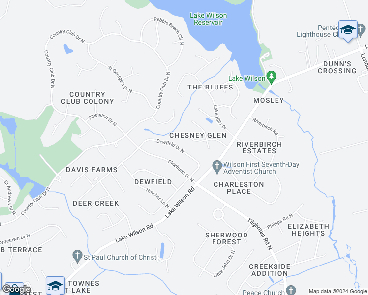 map of restaurants, bars, coffee shops, grocery stores, and more near 4520 Dewfield Drive North in Wilson