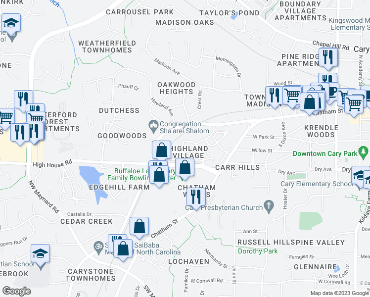 map of restaurants, bars, coffee shops, grocery stores, and more near 547 Matheson Place in Cary