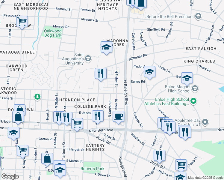 map of restaurants, bars, coffee shops, grocery stores, and more near 1950 Robin Hill Lane in Raleigh