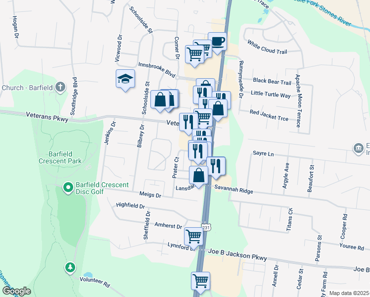 map of restaurants, bars, coffee shops, grocery stores, and more near 3028 Prater Court in Murfreesboro