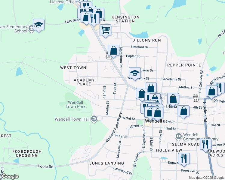map of restaurants, bars, coffee shops, grocery stores, and more near 225 Todd Street in Wendell