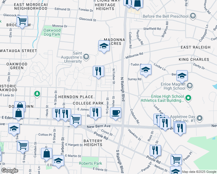 map of restaurants, bars, coffee shops, grocery stores, and more near 1946 Robin Hill Lane in Raleigh