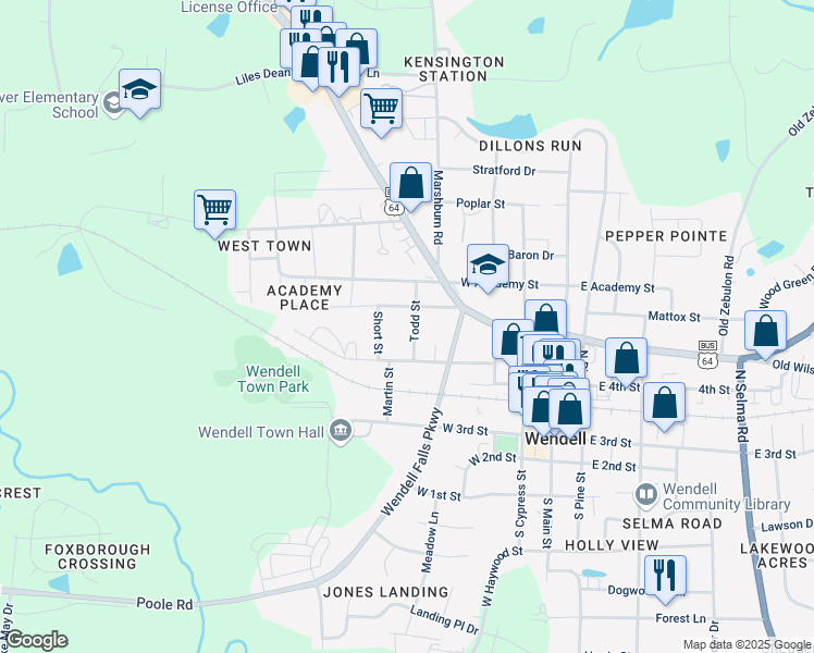 map of restaurants, bars, coffee shops, grocery stores, and more near 225 Todd Street in Wendell