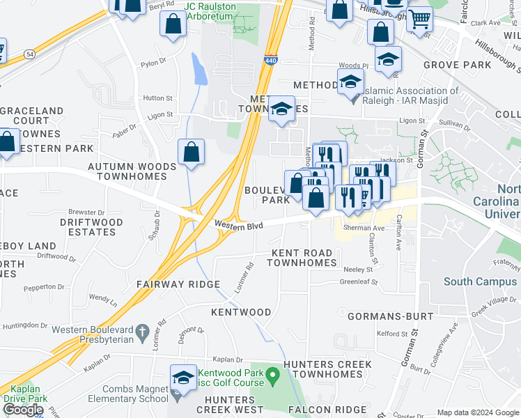 map of restaurants, bars, coffee shops, grocery stores, and more near 1003 Lorimer Road in Raleigh