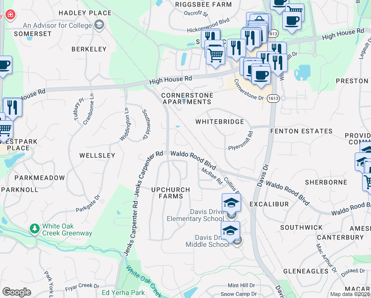 map of restaurants, bars, coffee shops, grocery stores, and more near 115 Hilda Grace Lane in Cary