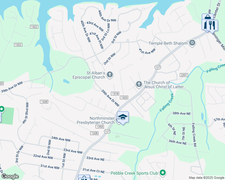 map of restaurants, bars, coffee shops, grocery stores, and more near 105 39th Avenue Place Northwest in Hickory
