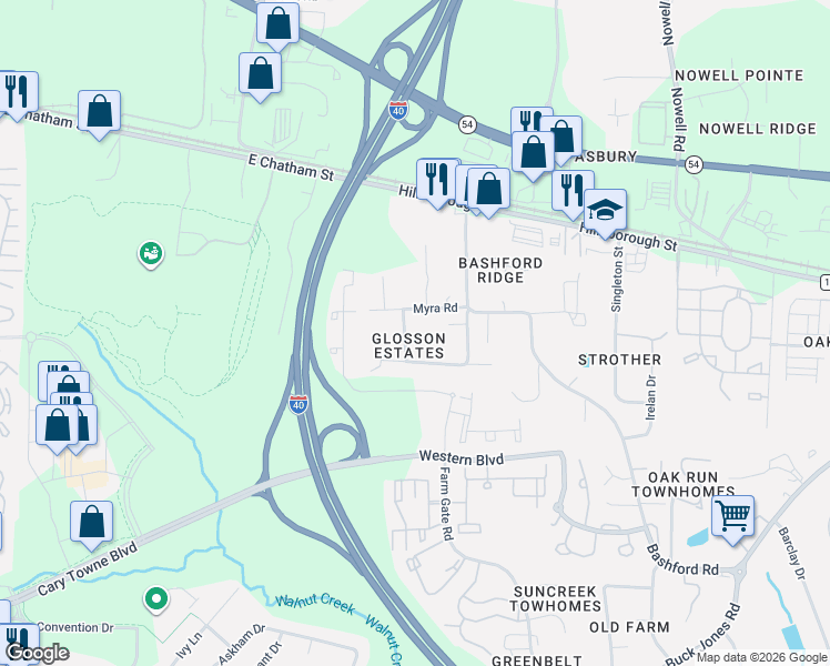 map of restaurants, bars, coffee shops, grocery stores, and more near 6302 Garrett Road in Raleigh