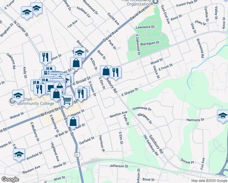 map of restaurants, bars, coffee shops, grocery stores, and more near 413 East Sharpe Street in Statesville