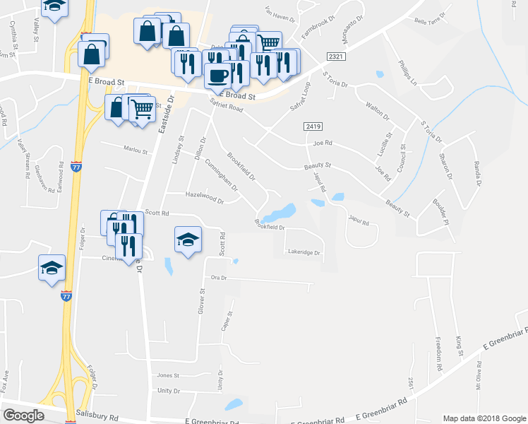 map of restaurants, bars, coffee shops, grocery stores, and more near 371 Brookfield Drive in Statesville