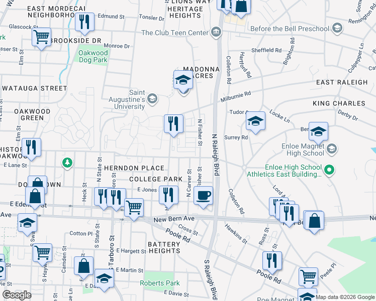 map of restaurants, bars, coffee shops, grocery stores, and more near 1700 Oakwood Avenue in Raleigh