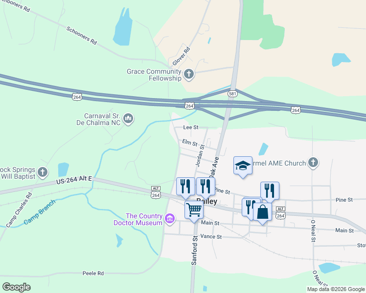 map of restaurants, bars, coffee shops, grocery stores, and more near 6722-6856 Peele Rd in Bailey