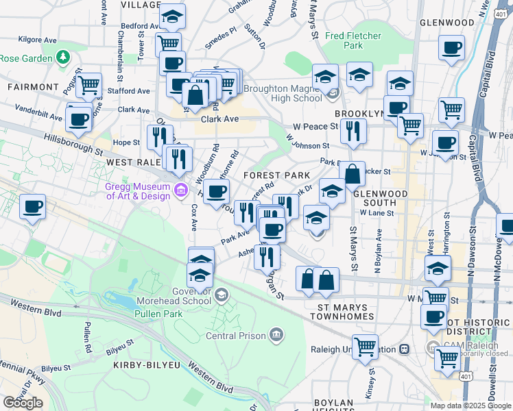 map of restaurants, bars, coffee shops, grocery stores, and more near 118 Hillcrest Road in Raleigh