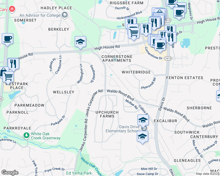 map of restaurants, bars, coffee shops, grocery stores, and more near 316 Farrow Glen Loop in Cary