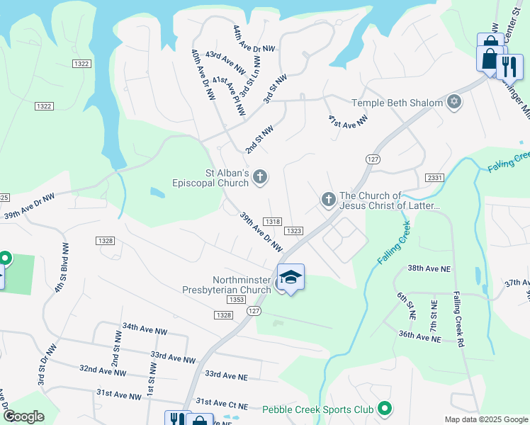 map of restaurants, bars, coffee shops, grocery stores, and more near 105 39th Avenue Place Northwest in Hickory