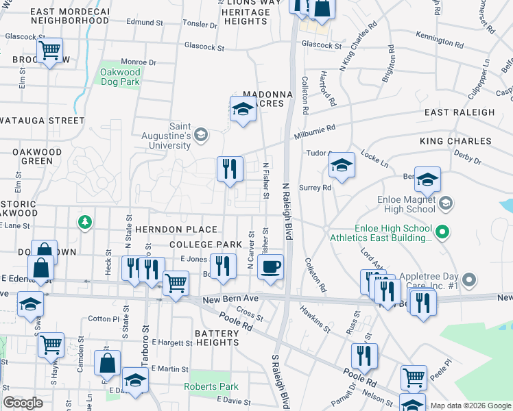 map of restaurants, bars, coffee shops, grocery stores, and more near 1950 Robin Hill Lane in Raleigh