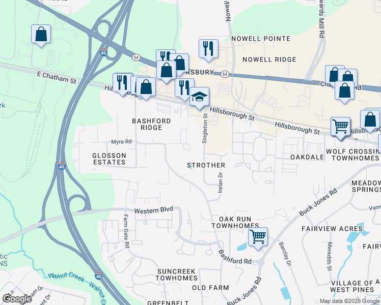 map of restaurants, bars, coffee shops, grocery stores, and more near 325 Switch Street in Raleigh