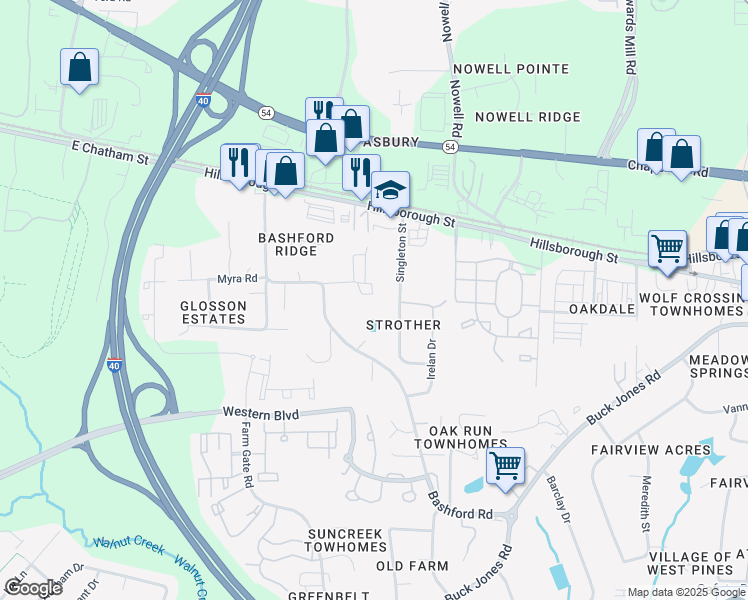 map of restaurants, bars, coffee shops, grocery stores, and more near 301 Barefoot Court in Raleigh