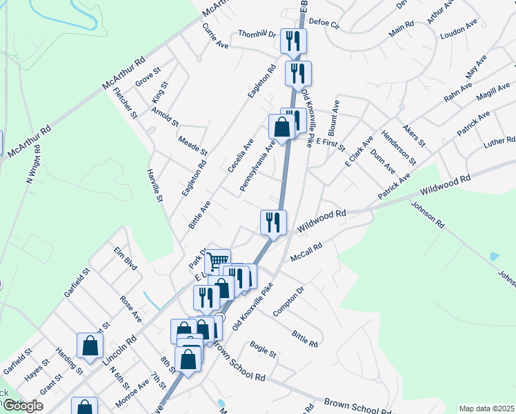 map of restaurants, bars, coffee shops, grocery stores, and more near 154 Howard Street in Maryville